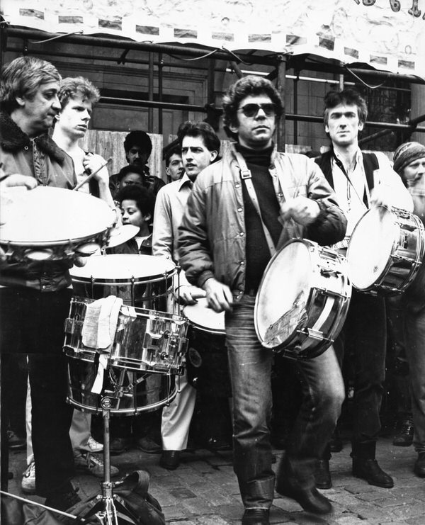 Dawson Miller playing drums at Covent Garden in 1984 - Photo for Obituary from the London School of Samba