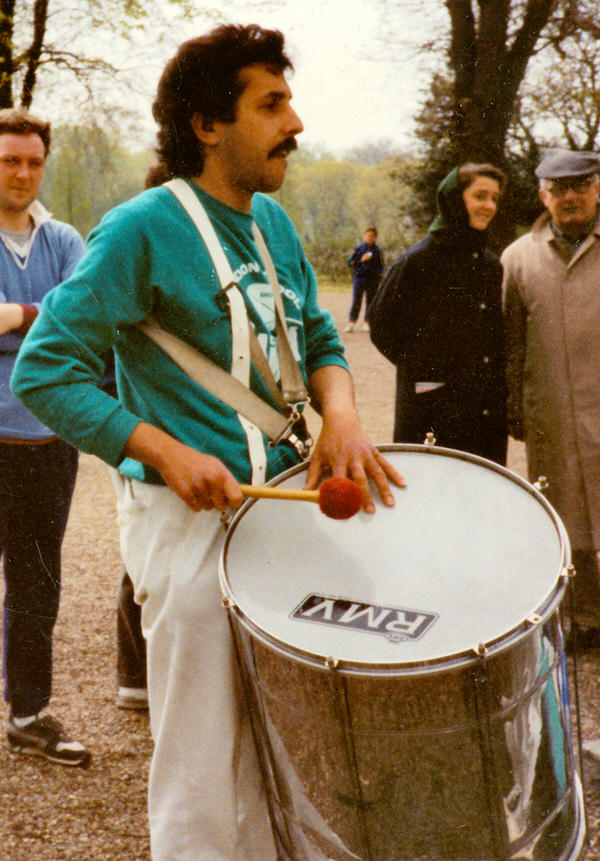 Bob Mickliades playing Surdo with London School of Samba in Batersea in 1989