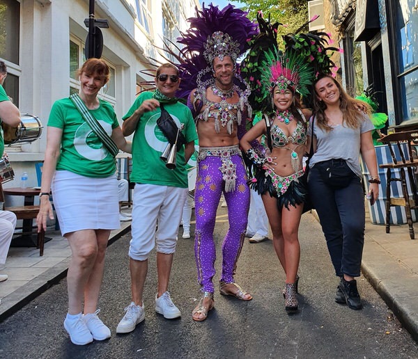 London School of Samba at Waterloo Carnival 2021 - photos of samba dancers and drummers