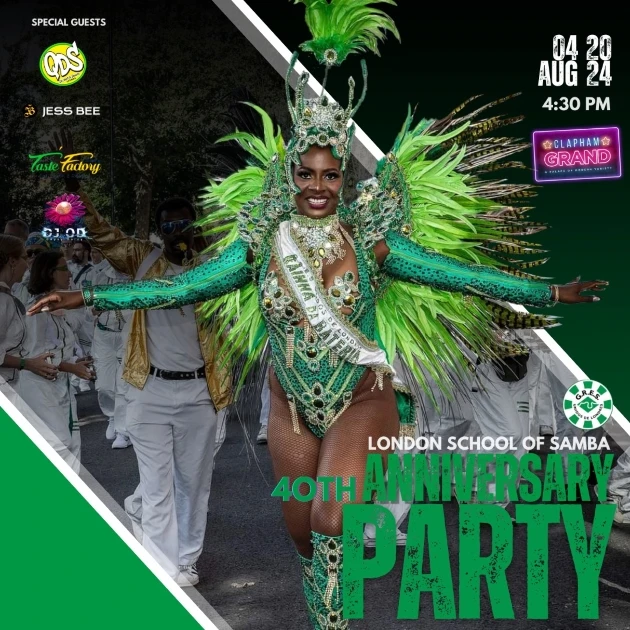 40th Anniversary party flyer, features our Queen Keon in green feathered samba costume