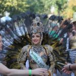 One of our samba queens dressed in feathers and head gear