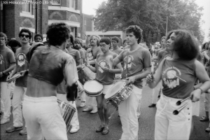 Carnival 1984 Bateria playing in street - Copyright Lito Soto