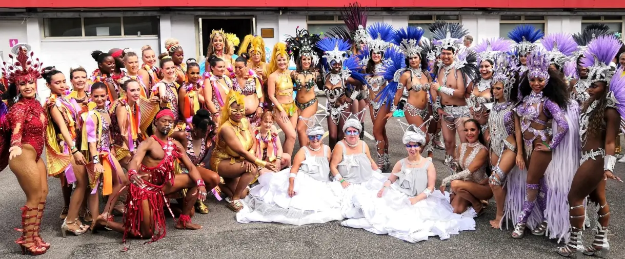Notting Hill Carnival 2023 - Samba dancers in a group in full costume