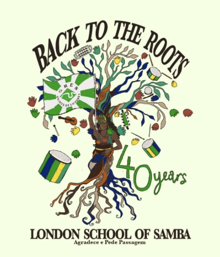 WinningTShirt Grace And Frank Winning TShirt competition. Design has a tree and a lady below. The tree is sprouting instruments, hands and the London School of Samba Flag. Designed by Grace And Frank