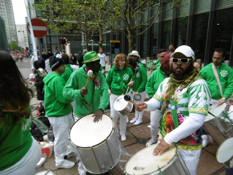 London Marathon at Canary Wharf - band playing drums