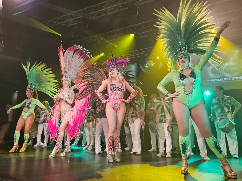 Dancers and Drummers At Clapham Grand with features and instruments. Photo by Zee