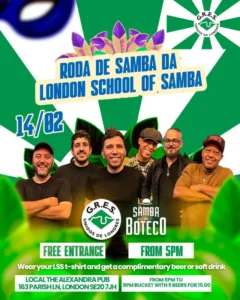 Samba de Boteco Roda de Samba - full flier - smiling members of the Samba de Boteco group band with the date 14th Feb 2026