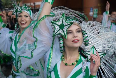 Carnival 2014 - samba girl looking dreamily towards the sky - Copyright Brian Guttridge