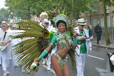 Carnival 2014 - Dancer in front of bateria in green feathered costume - Copyright Mo Elnadi