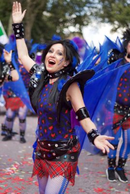 Carnival 2016 -Girl with layered blue wings and tartan skirt - Copyright Tristan Daws