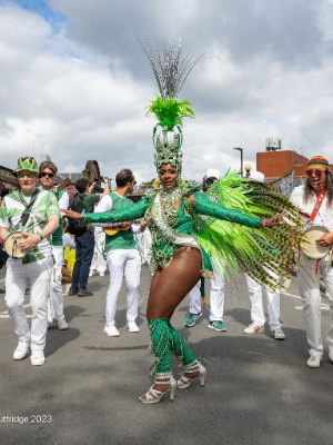 Carnival 2023 - Queen Keon in green samba outfit with elaborate feathers - Copyright Brian Guttridge