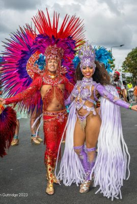 Carnival 2023 - Two dancers posing in full samba costumes - Copyright Brian Guttridge