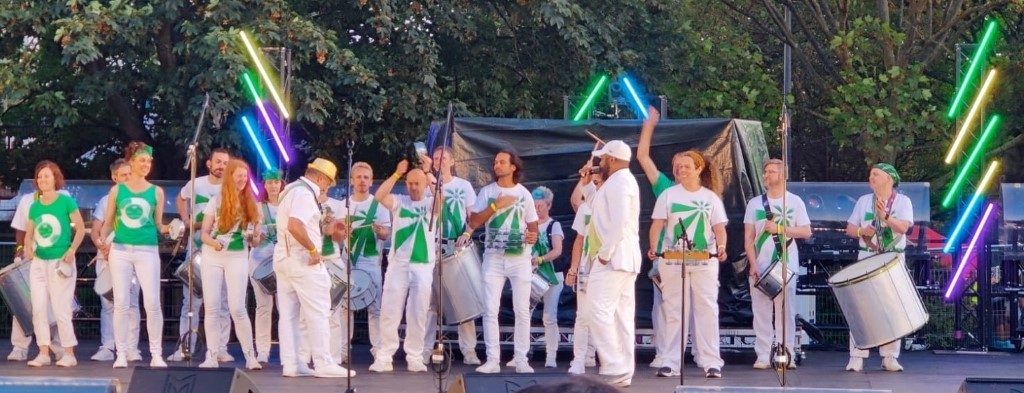 LSS Band performing on stage playing samba instruments at Panorama 2021 - Copyright Darren Gian